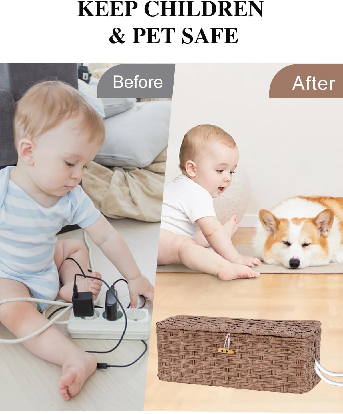 Temary Cable Management Box with Lids, 2-Pack Handmade Cable Organizer Boxes for Home, Office to Hide Cords and Power Strip, Cord Cover Floor Hider Set Woven Rattan Cable Organizer Box (Brown)