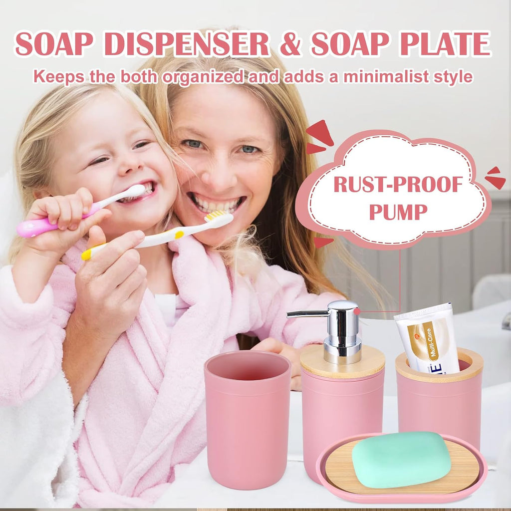 iMucci 9Pcs Pink Bathroom Accessories Set - with Trash Can,Toilet Brush,Toothbrush Holder, Lotion Soap Dispenser, Soap Dish,Toothbrush Cup,Qtip Holder,Tray