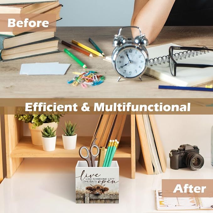DILSJ Inspirational Highland Cow 1 Compartment Pen Pencil Holder for Desk,Highland Cow Gifts, Live Like Someone Left the Gate Open Wooden Box Signs Organizer for Home Office Desk Tabletop Decoration
