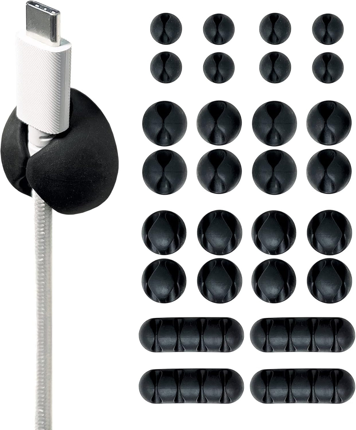 Wrap-It Storage Cable Clips - (Assorted 28-Pack) Black - Desk and Nightstand Cable Holder for Phone and Bedside Table Cord Organizer