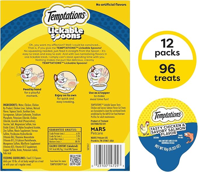Temptations Lickable Spoons Adult Wet Cat Treat, Tasty Chicken and Savory Salmon Flavor, 8 Spoons, Pack of 12 (96 Total)