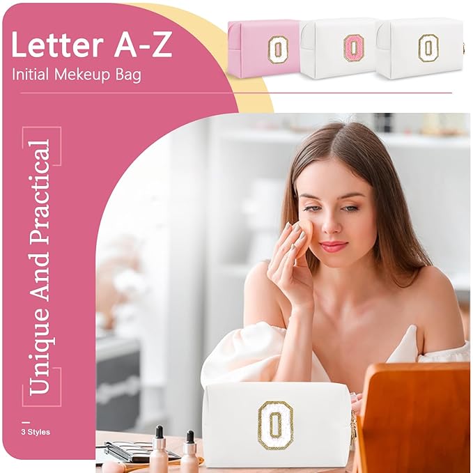 Small Personalized Initial A-Z Preppy Patch Makeup Bag,White PU Chenille Letter Travel Cosmetic Pouch with Zipper,Cute Toiletry Bag,Gift Ideal for Teen Girls Women Teacher Bridesmaid,Letter O