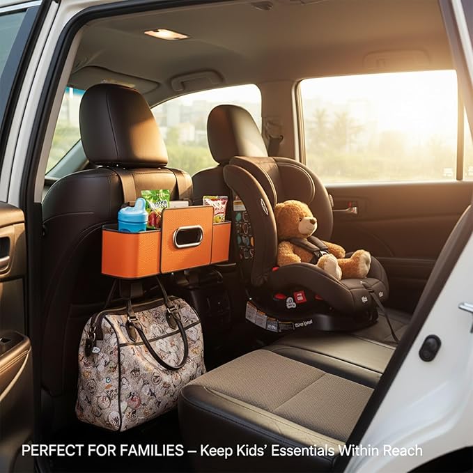 Car Organizers and Storage Box, 4 in 1 Multifunctional Car Organizer Back Seat with 2 Cup Holders & Tissue Box, Backseat Cars Organizer for Hold Phone, Snacks, Drinks, Handbag(Brown,2Pcs)