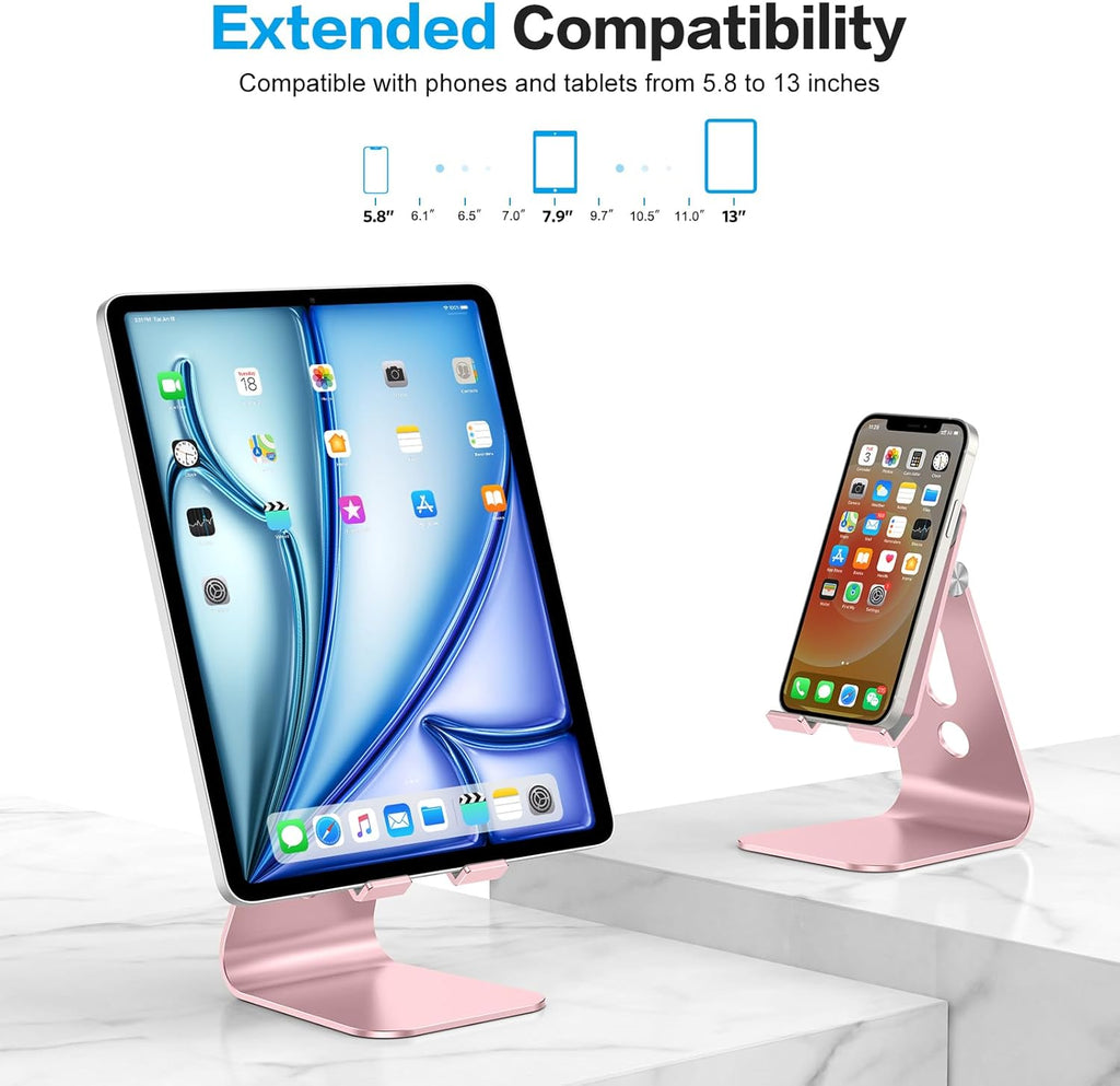 OMOTON Adjustable Tablet Stand for Desk, Upgraded Longer Arms for Greater Stability, T2 Tablet Holder with Hollow Design for Bigger Sized Phones and Tablets Such as iPad Pro/Air/Mini, Rose Gold