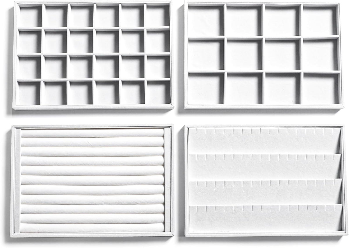 Frebeauty Stackable Velvet Jewelry Organizer Trays for Drawers Inserts Jewelry Storage Tray Display Case, Stud Earrings Bracelets Necklace Rings Accessories Trays for Women(Set of 4)(White)