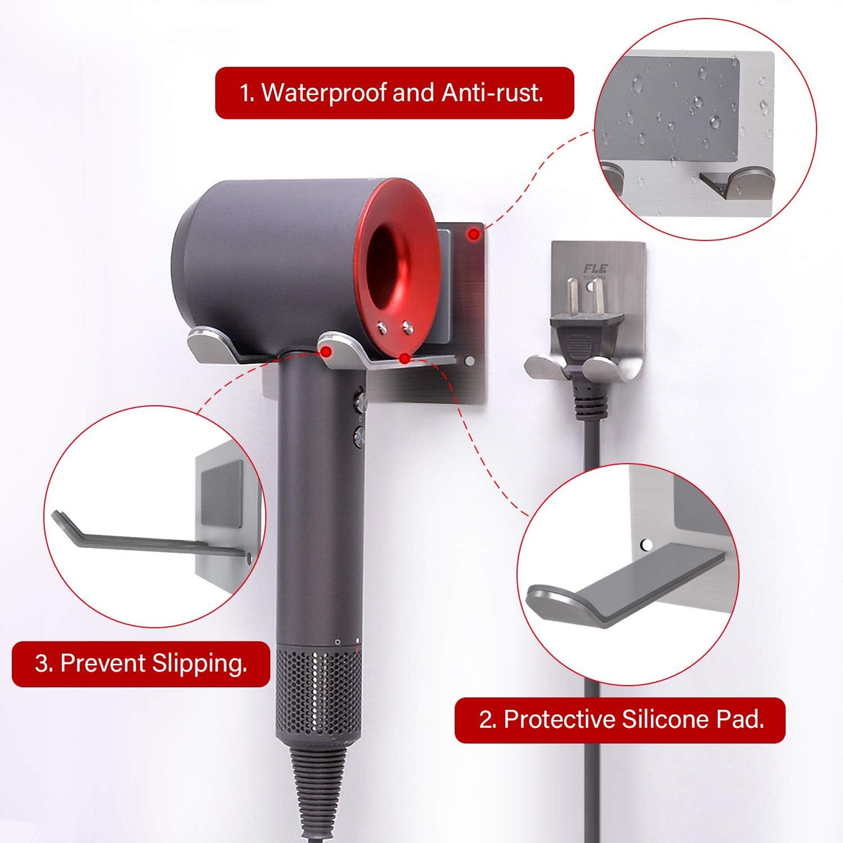 FLE Hair Dryer Holder Wall Mounted Self Adhesive, SUS 304 Stainless Steel Hair Blow Dryer Rack Organizer Compatible with Most Hair Dryers