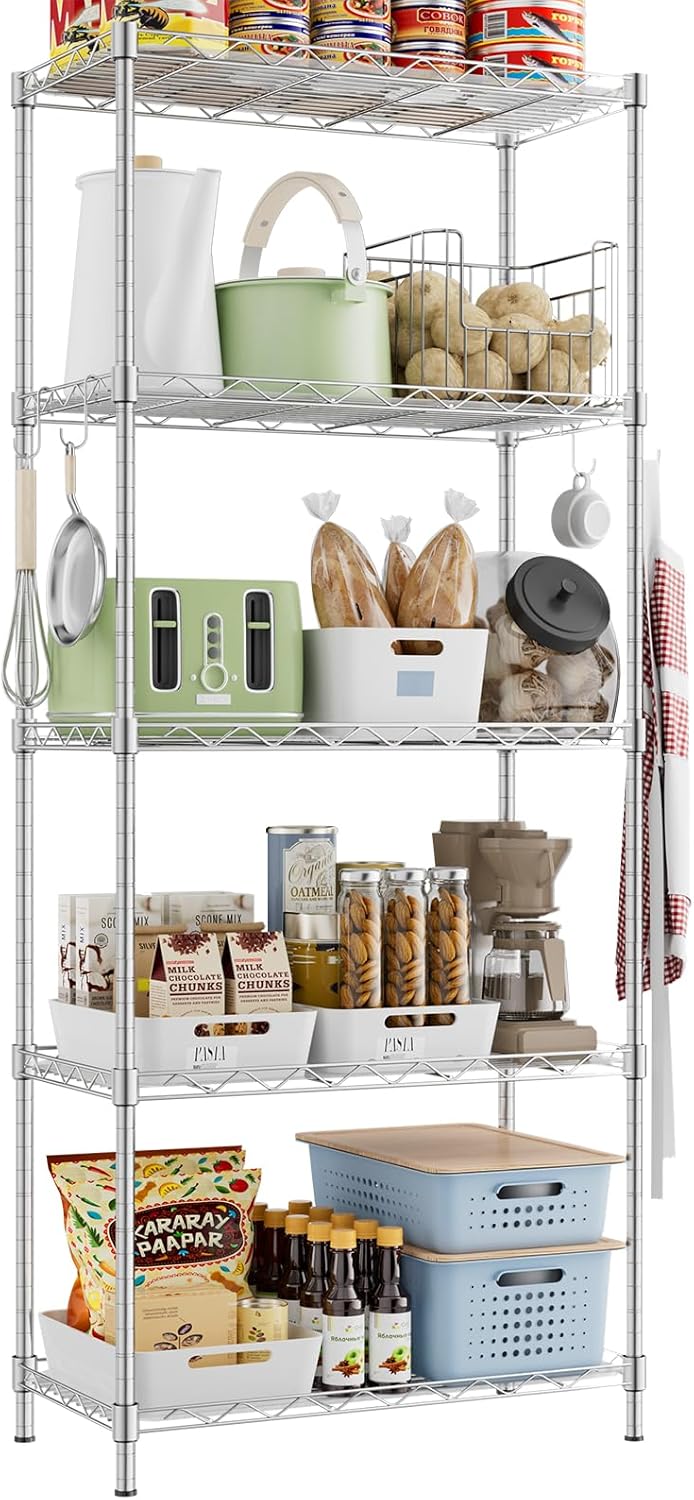 Storage Shelves,21.3" W x 11.8" D x 58.5" H Wire Shelving Unit Loads 550LBS,5-tier Adjustable Metal Utility Shelf,Garage Shelves with Liner and Hooks,Home Storage Rack for Kitchen,Laundry,Pantry