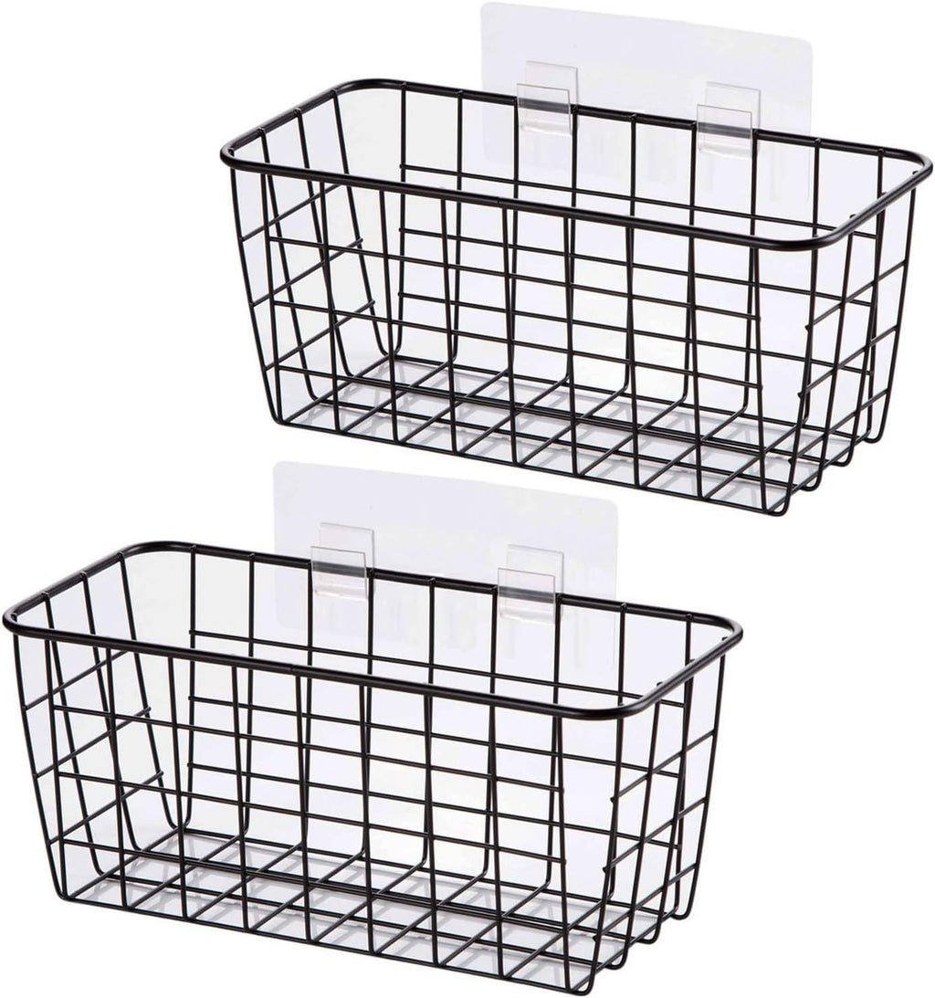 2 Set Adhesive Hanging Wall Basket Inside Cabinet Door Organizer,Wall StorageBasket-No Drilling Adhesive wall Basket for Cupboard Door, Space-Saving Small Hanging Baskets for Wall Mount Storage,Black