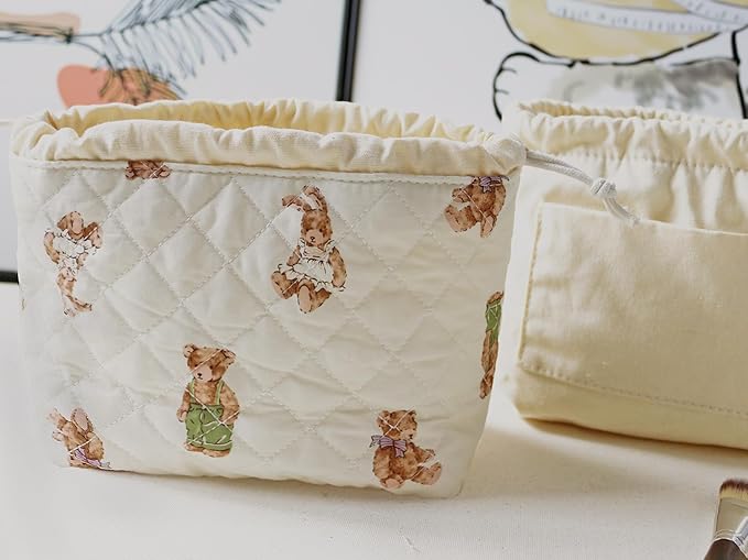 HAPPYHEIDI Quilted Cotton Drawstring Makeup Bag Set 2 Size w Compartment Cosmetic Toiletry Travel Pouch,Purse Organizer,Brown Teddy Bears