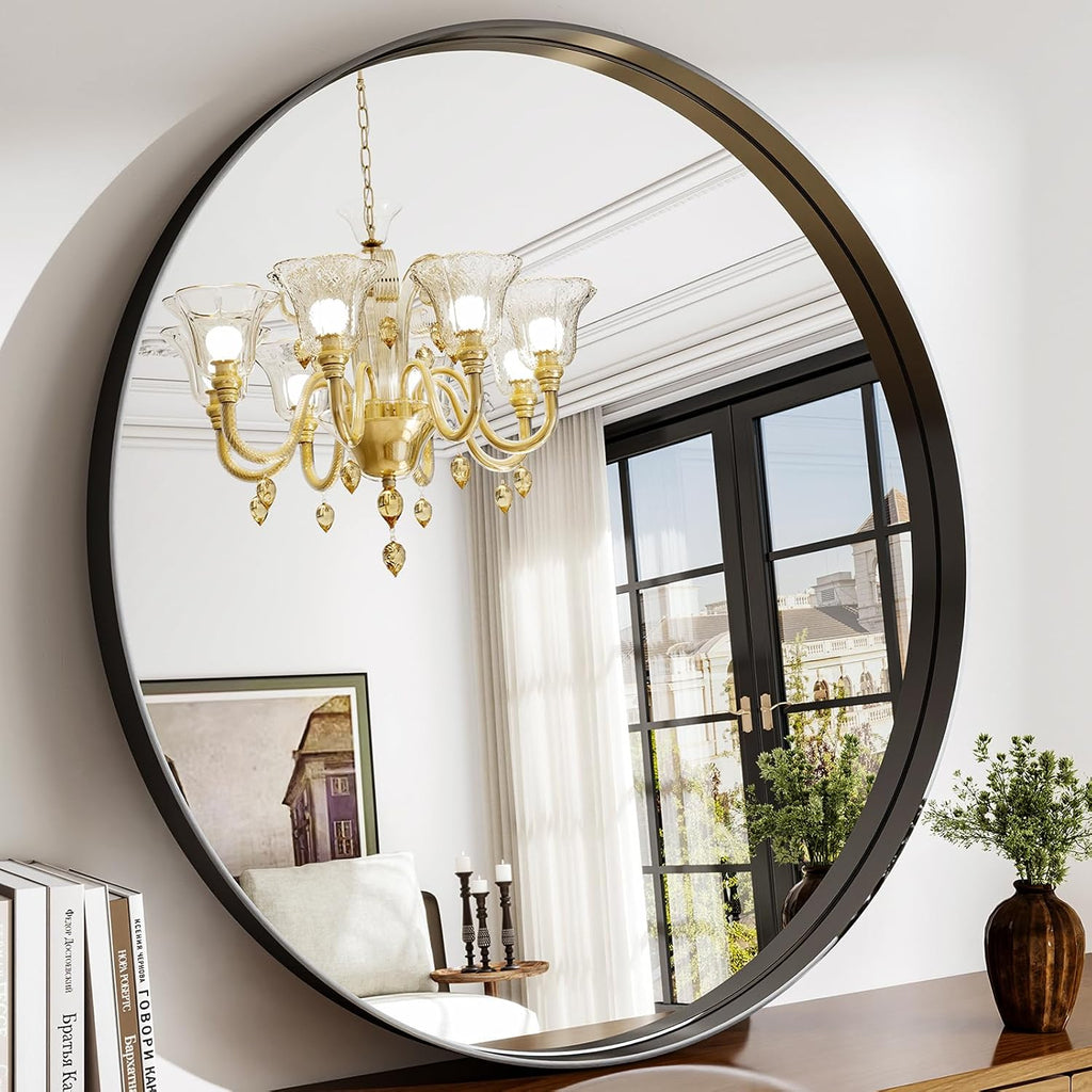 48 Inch Round Bathroom Mirror - Wall Mounted Circle Mirror with Metal Frame, Modern Mirror Suitable for Bathroom, Vanity, Entryway, Living Room, Wall Decor,Black