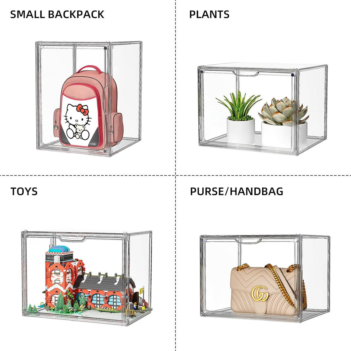 Clear Purse Organizer for Closet, 5 Pack Handbag Storage Organizer, Acrylic Display Case for Collectibles, Stackable Storage Bins with Magnetic Lids for Figure, Wallet, Clutch, Doll