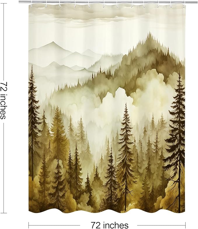 Litabel Yellow Misty Pine Forest Shower Curtain, Mountain Foggy Woodland Scenery Tree Shower Curtains for Chic Rustic Bathroom, Abstract Modern Waterproof Nature-Themed Decor, 72x72 Inches