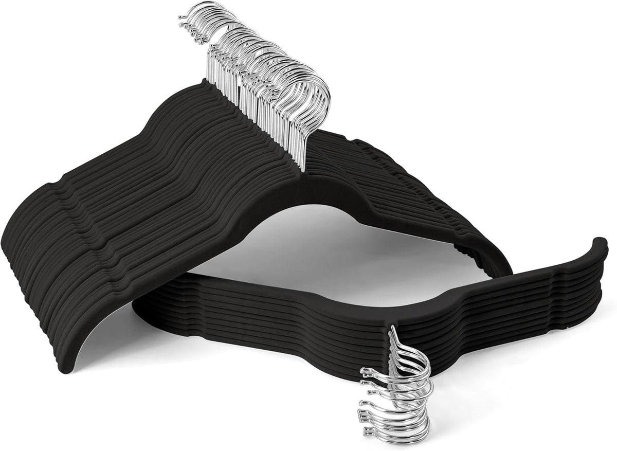 Premium Velvet Hangers 50 Pack - Space-Saving Closet Organizer for Clothes, Non-Slip Flocked Design, Ideal for Shirts and Coats (Black)