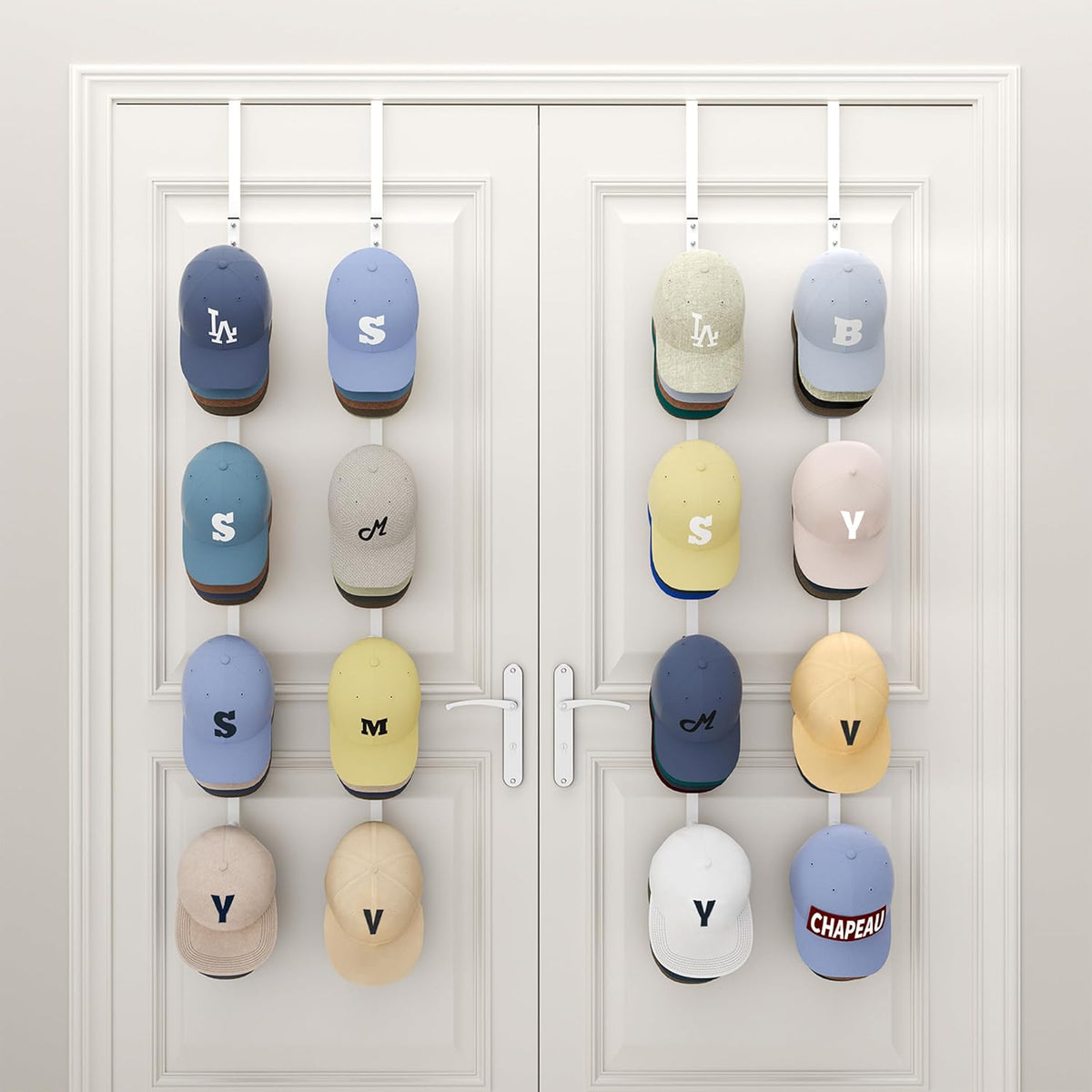SWTYMIKI Over Door Hat Organizer - 4 Packs Metal Hanging Hat Rack with 16 Hooks Design, Baseball Cap Hanger Organizer Storage Holds up to 80 Caps for Door, Bedroom, Closet