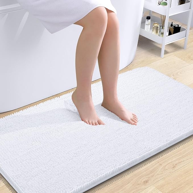 OLANLY Bathroom Rugs 44x24, Extra Soft Absorbent Chenille Bath Rugs, Rubber Backing Quick Dry, Machine Washable Bath Mats for Bathroom Floor, Tub and Shower, Home Decor Accessories, White