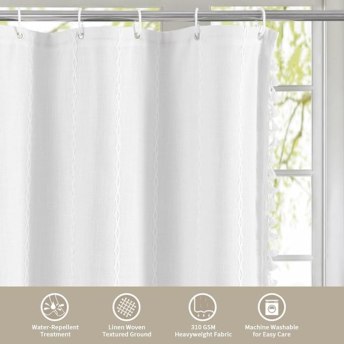 MitoVilla Boho Extra Long Shower Curtain 72 x 84, White Modern Farmhouse 84 inch XL Polyester Linen Texture Tassel Fabric Shower Curtain Set with Hooks for Cottagecore Country Bathroom Decor,White