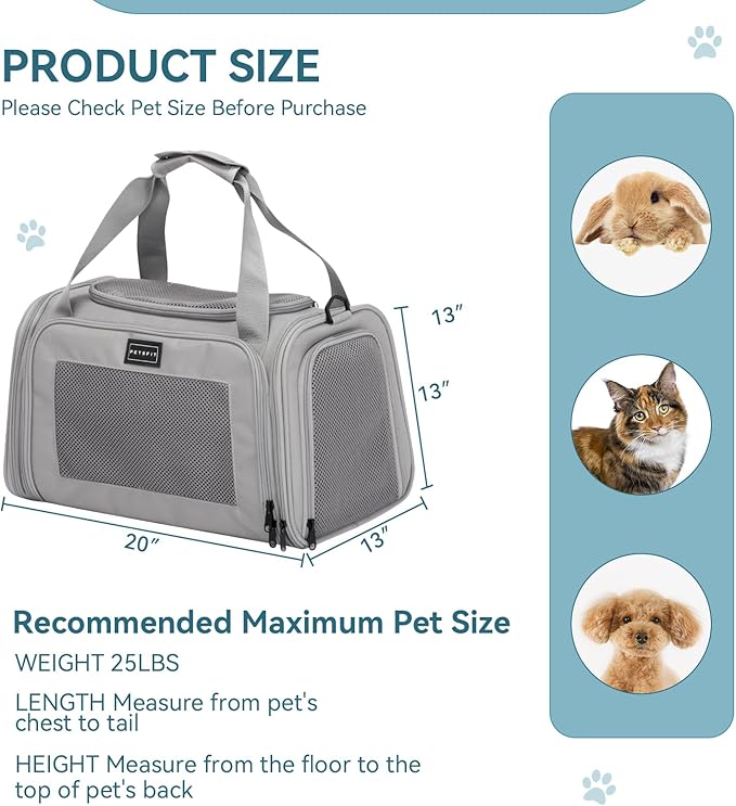 PETSFIT Dog Carrier Cat Carriers for Puppies, Medium Cats up to 25Lbs, Travel Soft Sided Pet Carrier (Large, Grey)