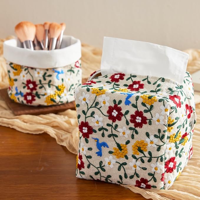 Hausfrau Tissue Box Cover Rectangular Embroidered Jacquard Linen Tissue Holder Case Decorative for Bathroom Vanity Countertop Desk Office, 10"x5.3"x5.3", White Daisy