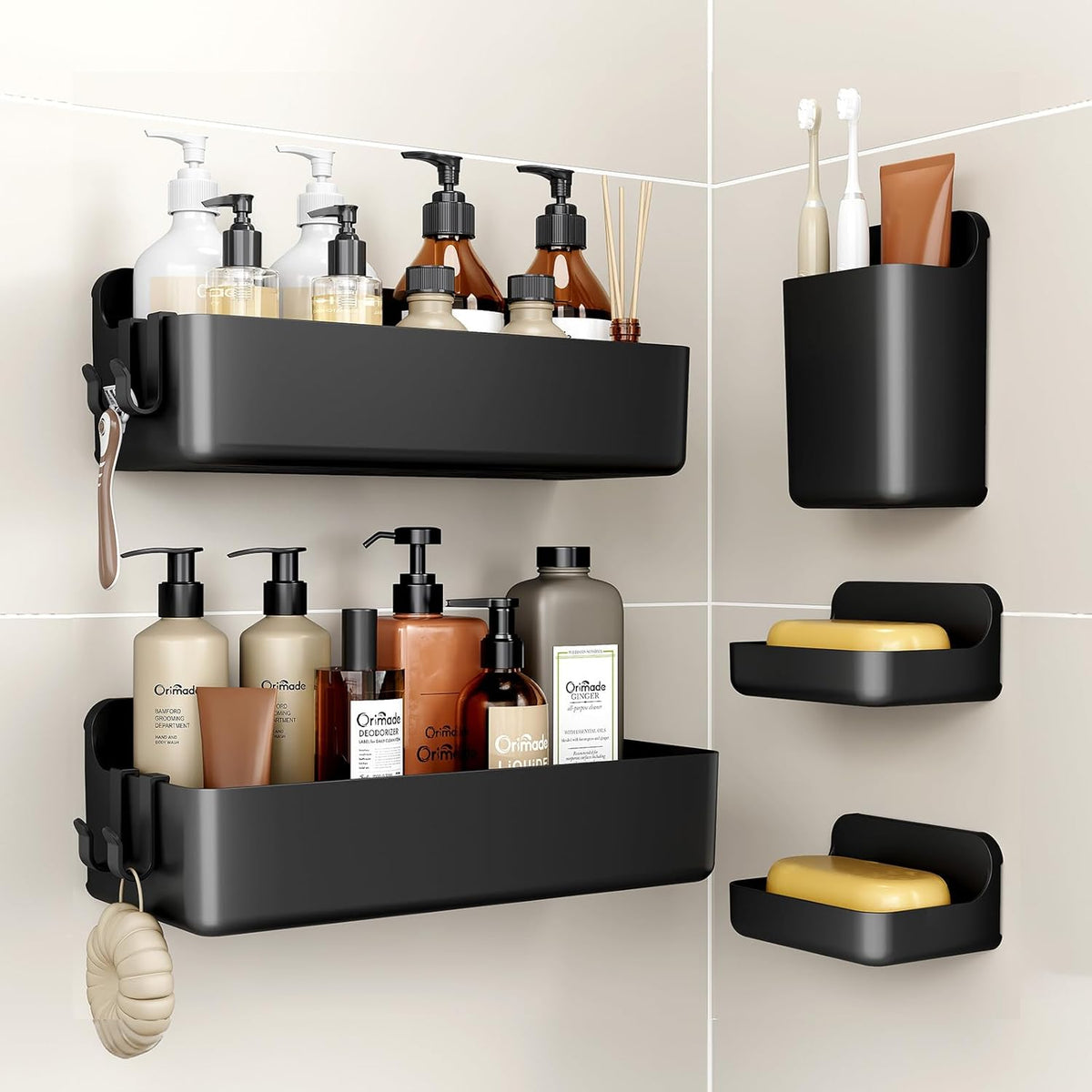 Orimade Shower Caddy 5-Pack, No-Drill Adhesive Shelves for Bathroom, Rustproof ABS Storage Organizer Set, Black