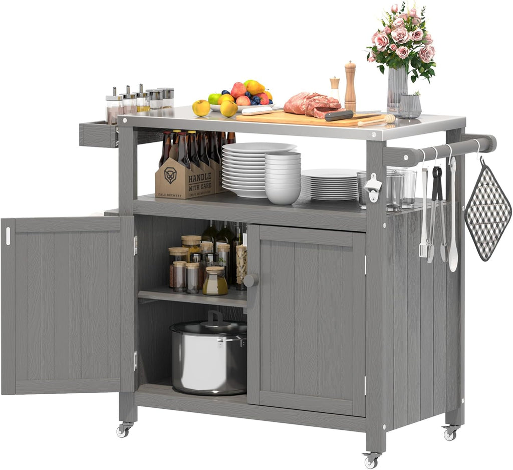 Weatherproof HIPS Outdoor Kitchen Island with Stainless Steel Top & Storage Cabinet, Movable Prep Table with Wheels for BBQ Food Prep, Outdoor Grill Cart for Parties, Grey