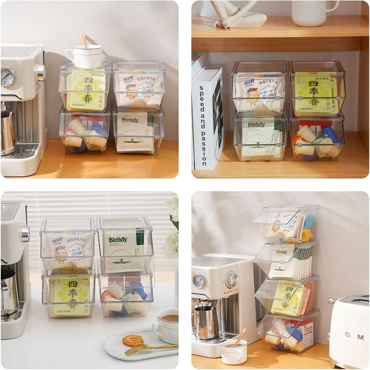 Tea Bag Organizer Coffee Pod Holder K Cup Holder, Stackable Acrylic Desk Organizer Box with Lid, 4 Pack