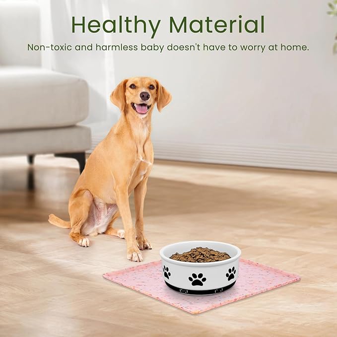 Ptlom Dog Food Mat Anti-Slip Dog Bowl Mats for Food and Water, Waterproof Pet Placemat Prevents Messy Spill to Floor, Silicone Puppy Feeding Tray for Small, Medium and Large Dogs Cats, Pink