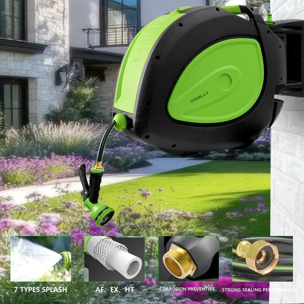 Garden Hose Reel 1/2 Inch x 100 ft, Any Length Lock,Super Heavy Duty,Slow Return System, Wall Mounted and 180 Deg Swivel Bracket, Two Sprays