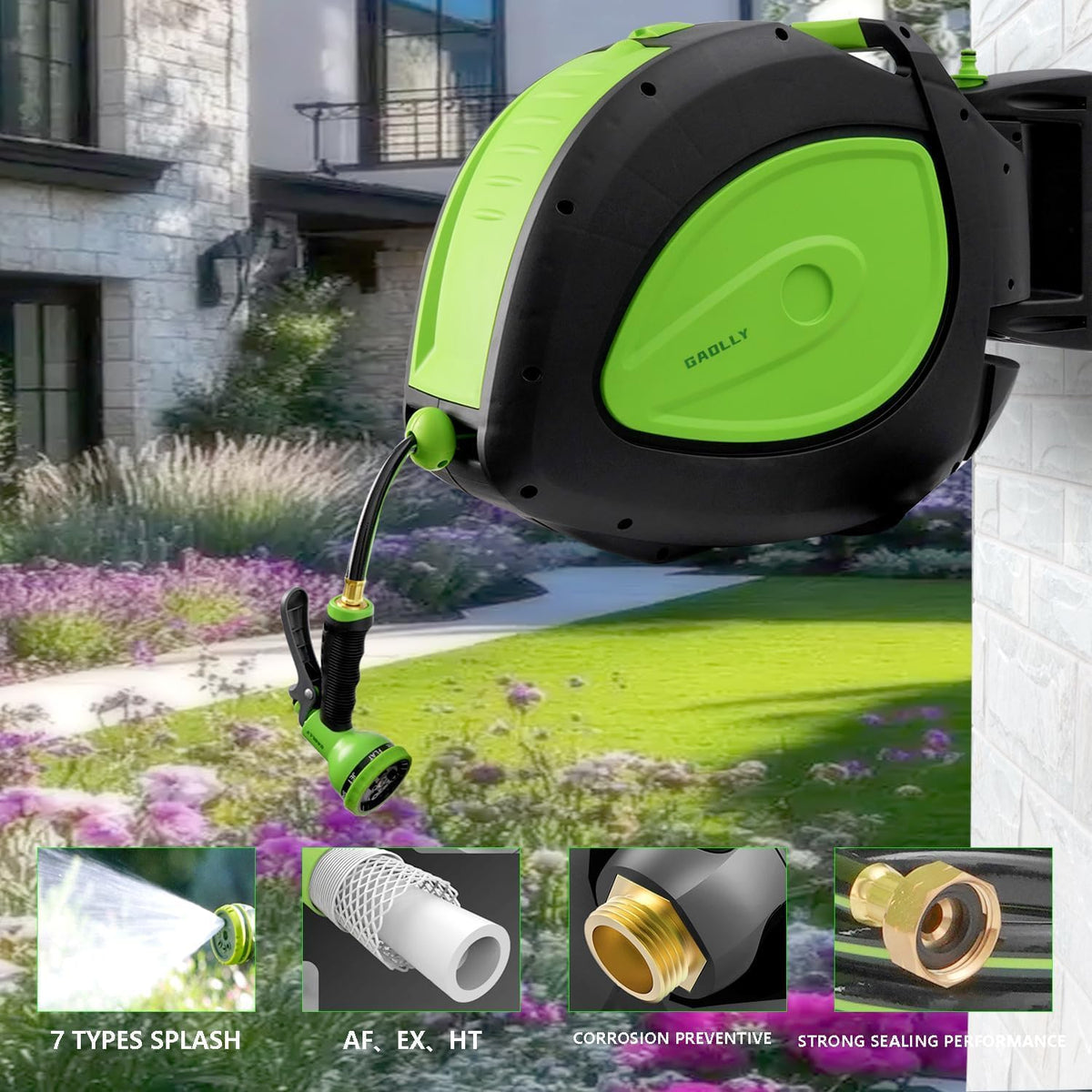Garden Hose Reel 1/2 Inch x 100 ft, Any Length Lock,Super Heavy Duty,Slow Return System, Wall Mounted and 180 Deg Swivel Bracket, Two Sprays