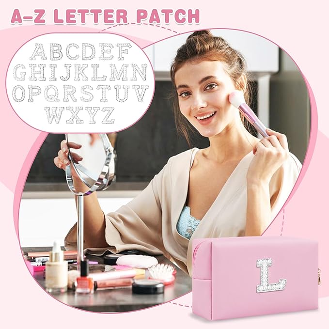 ChaoGreat Bride Gifts – Personalized Initial Makeup Bag with Pearl Rhinestone Patch, Preppy Pink Monogram Cosmetic/Toiletry Pouch, bridesmaid Gifts, Bridal Shower Gifts, Wedding Gifts, Bridal Gifts,L
