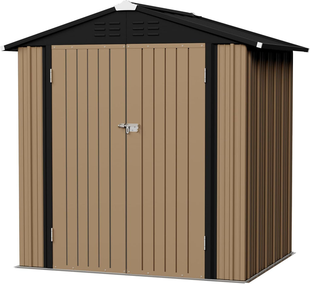 Flamaker 6x4 FT Storage Shed Waterproof Metal Garden Shed with Lockable Door Utility Tool Shed Outdoor Storage for Backyard, Patio and Lawn, Brown