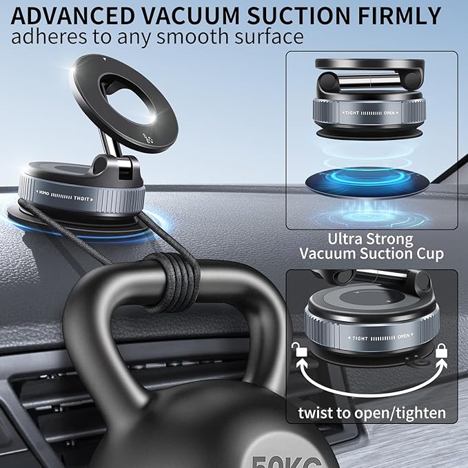 Vacuum Suction Magnetic Phone Holder, 2025 Upgraded Foldable Retractable Suction Cup Car Phone Mount for Magsafe, 360° Adjustable Magnetic Phone Stand for Cars/Gyms/Mirrors/Smooth Surface