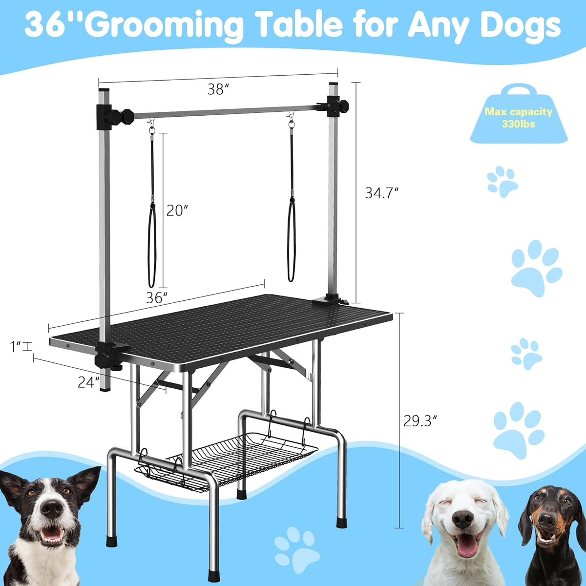 Lyromix 36''Large Dog Grooming Table, Adjustable Cat Drying Desktop with Arms, Nooses, Mesh Tray, Foldable Pet Station at Home, Maximum Capacity Up to 330Lb, 36inch, Black