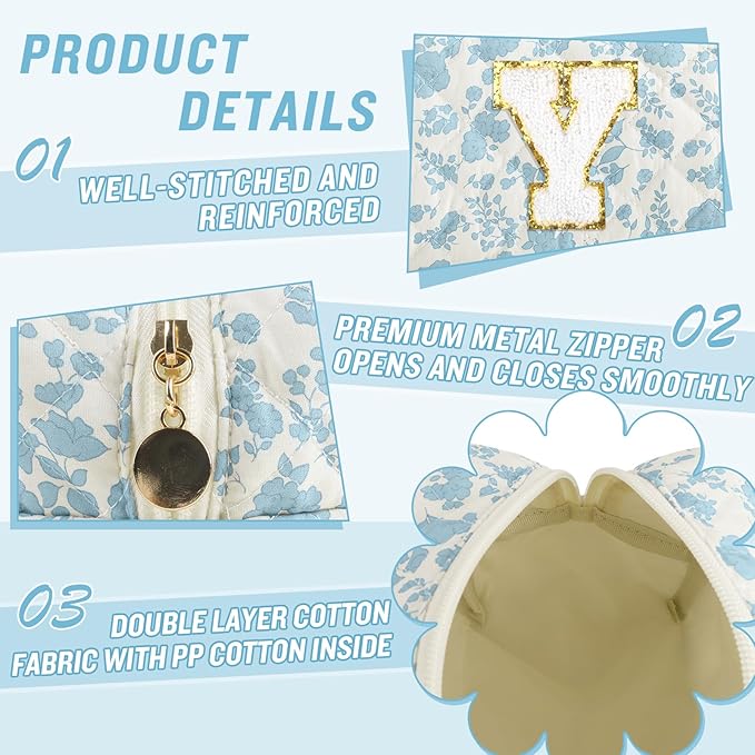 Personalized Quilted Cosmetic Bag, Puffy Monogrammed Christmas Birthday Gifts for Women & Girls, Cute initial Floral Makeup Bag Puffer Coquette Bag, Aesthetic Travel Toiletry Zipper Pouch(Blue,Y)
