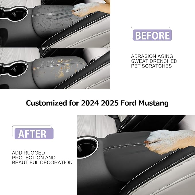 Mustang Center Console Cover Compatible with 2024 2025 Ford Mustang Accessories 2025 Mustang Armrest Cover Center Console Pad Mustang EcoBoost Premium/GT Armrest Console Cover Soft Leather,Gray Line