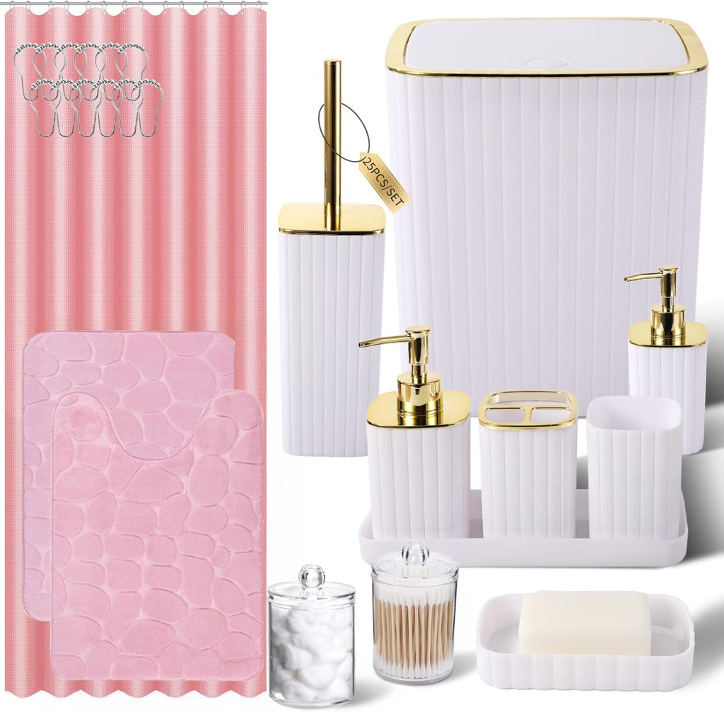 Bathroom Accessories Set- 25PC White Bathroom Set, Bathroom Set with Shower Curtain and Rugs, Pink Shower Curtain Set, Soap Dish & Trash Can