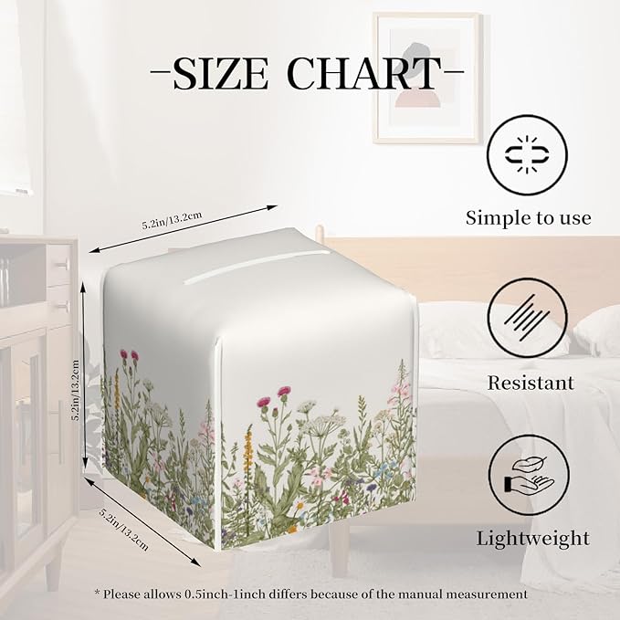 Tissue Box Cover Square, Herbs and Wild Flowers Leather Tissue Box Holder Decorative Organizer for Bathroom, Home Office Car Decor