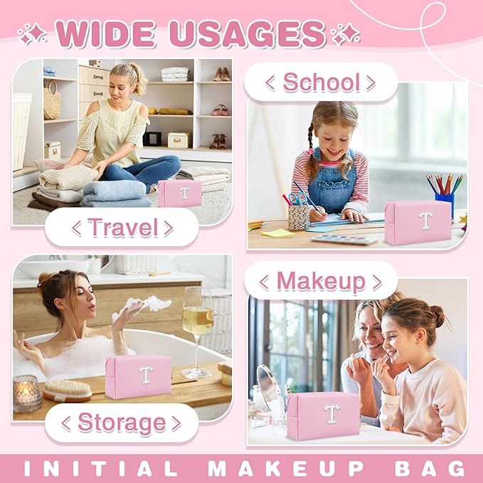 ChaoGreat Bride Gifts – Personalized Initial Makeup Bag with Pearl Rhinestone Patch, Preppy Pink Monogram Cosmetic/Toiletry Pouch, bridesmaid Gifts, Bridal Shower Gifts, Wedding Gifts, Bridal Gifts,T