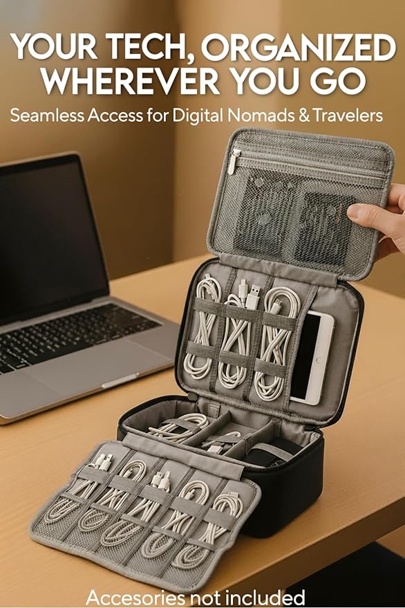 Electronics Organizer Case - Multi-Layer Full Flat Opening With Compartments and Pockets - Cord Organizer for Accessories, Cables, Electronics Travel