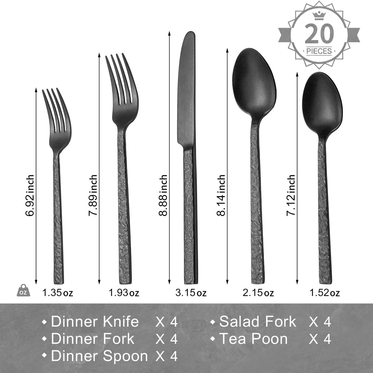 KINGSTONE 20 Pcs Black Hammered Silverware Set for 4, 18/10 Stainless Steel Heavy Duty Flatware Set, Tableware Cutlery Utensil Sets for Home Restaurant Dishwasher Safe