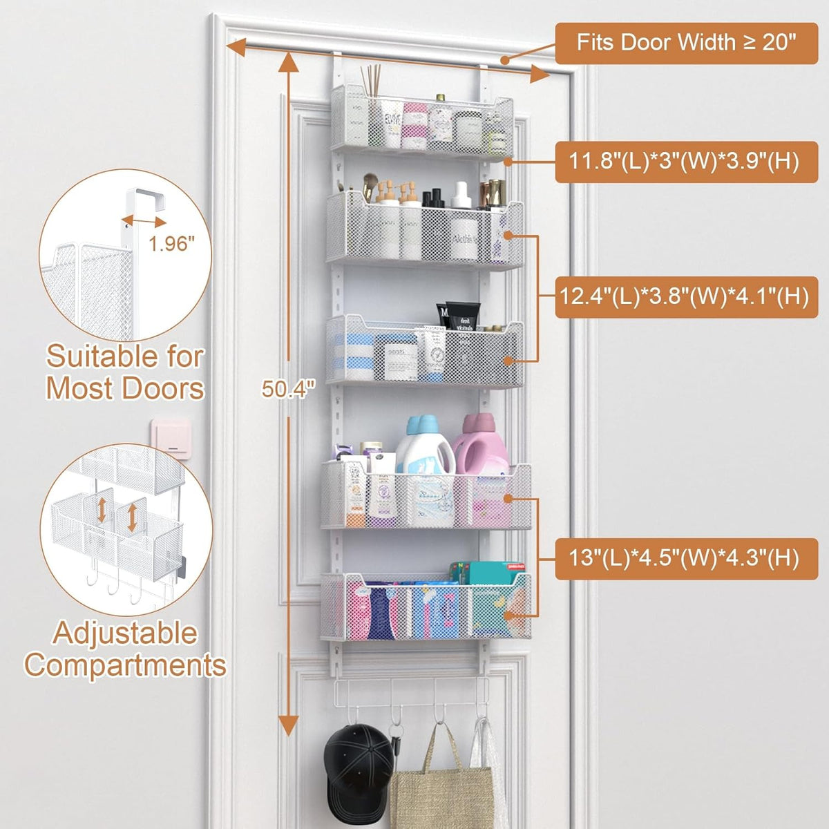 Over The Door Organizer, Metal Door Organizer Hanging with 5 Adjustable Baskets and Coat Hook, Behind The Door Storage for Bedroom Closet Bathroom Pantry Cabinet Kitchen, White