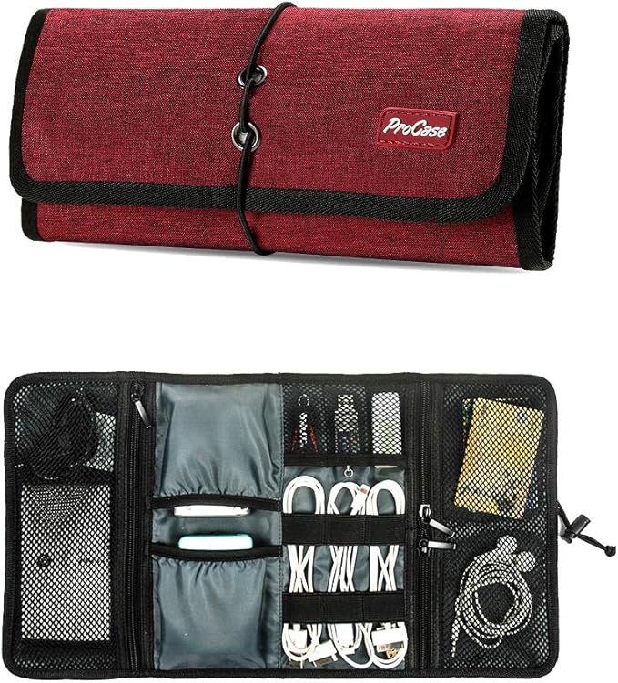 ProCase Electronic Organizer Cord Pouch, Travel Cable Charger Phone Accessories Bag Organizer Roll up Tech Carrying Case for USB Cables SD Memory Cards Earphone Flash Hard Drive -Red