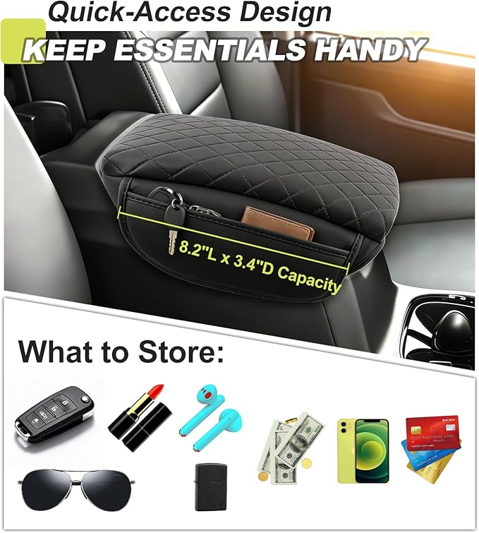 Armrest Cover for Chevy Colorado GMC Canyon 2023 2024 2025 2026 Center Console Pad Accessories Arm Rest Lid with Pockets, Black Faux Leather