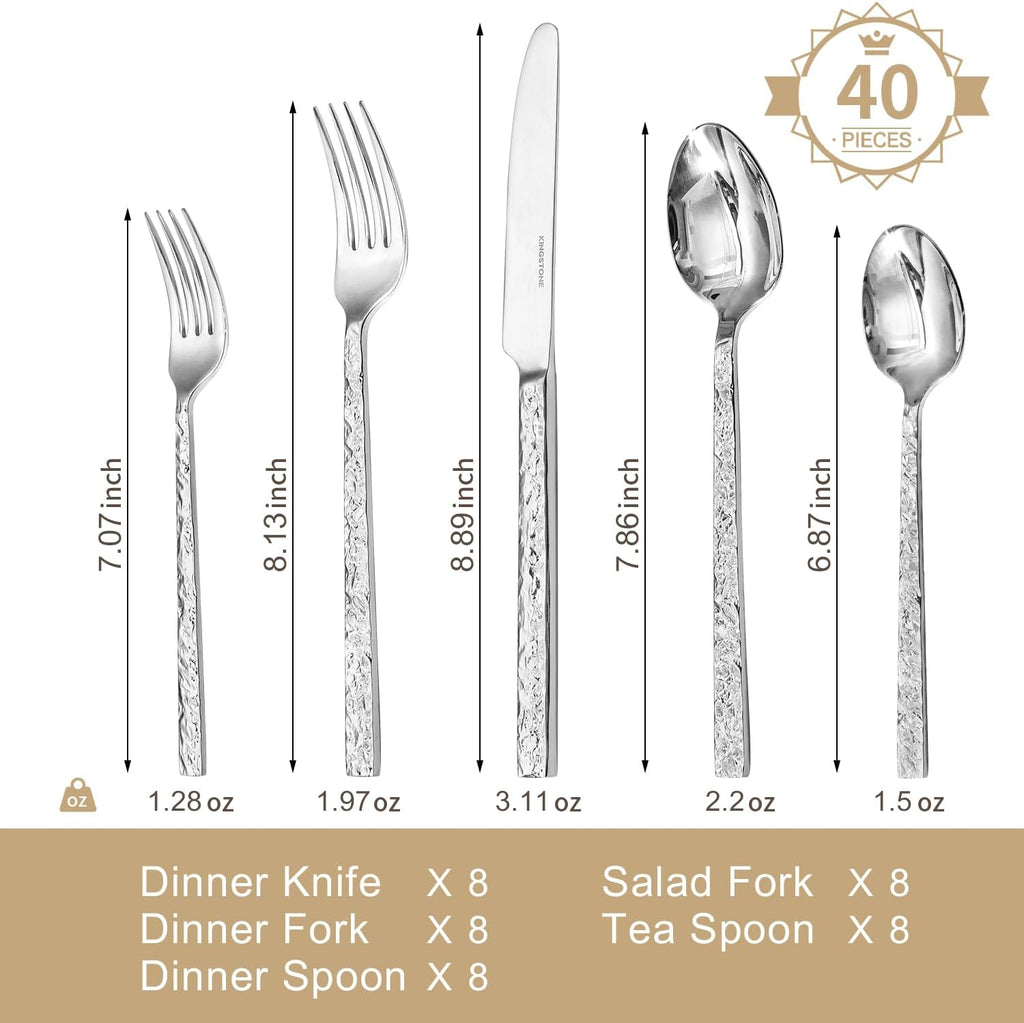 KINGSTONE 40 Pcs Hammered Silverware Set for 8, 18/10 Stainless Steel Heavy Duty Flatware Set, Tableware Cutlery Utensil Sets for Home Restaurant Dishwasher Safe
