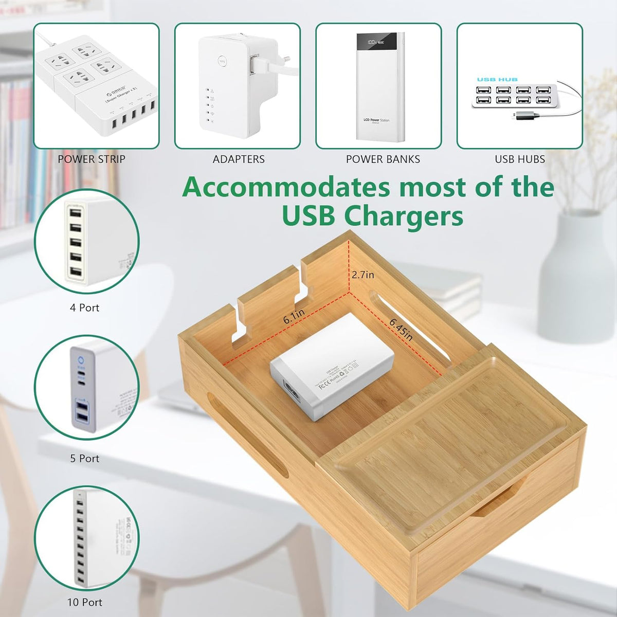 Bamboo Charging Station for Multiple Devices, Desktop Charger Organizer with Tray& Drawer, Wooden Docking Station for Smart Devices, Cell Phone, Tablet,Watch (Include 6 Cables, 5 Port USB Charger)