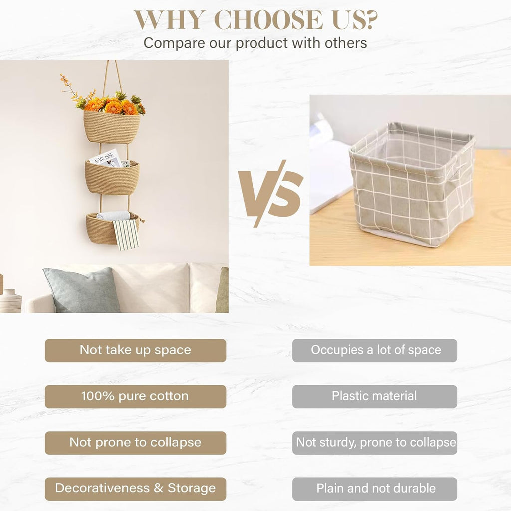 TeoKJ Over the Door Hanging Basket, 3-Tier Woven Cotton Wall-Mounted Storage Organizer Bag Decorative Hanging Nursery Baskets - Jute