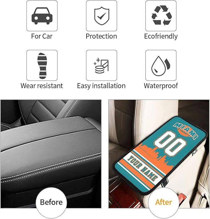 Custom Miami Car Armrest Covers Personalized Football Style with Name Number Customized Auto Center Console Pad Car Handrail Box Cushion for Most Vehicle Decor Accessories, Fans Gift