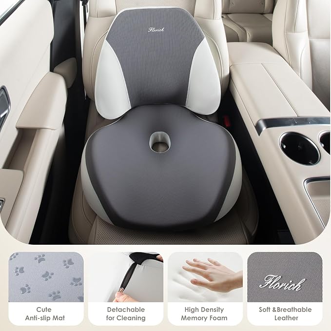 FLORICH Lumbar Support Pillow and Car Seat Cushion for Driving Car Office Chair, Memory Foam Back Support Pillow and Office Seat Chair Cushion for Sciatica Pain Relief - Grey