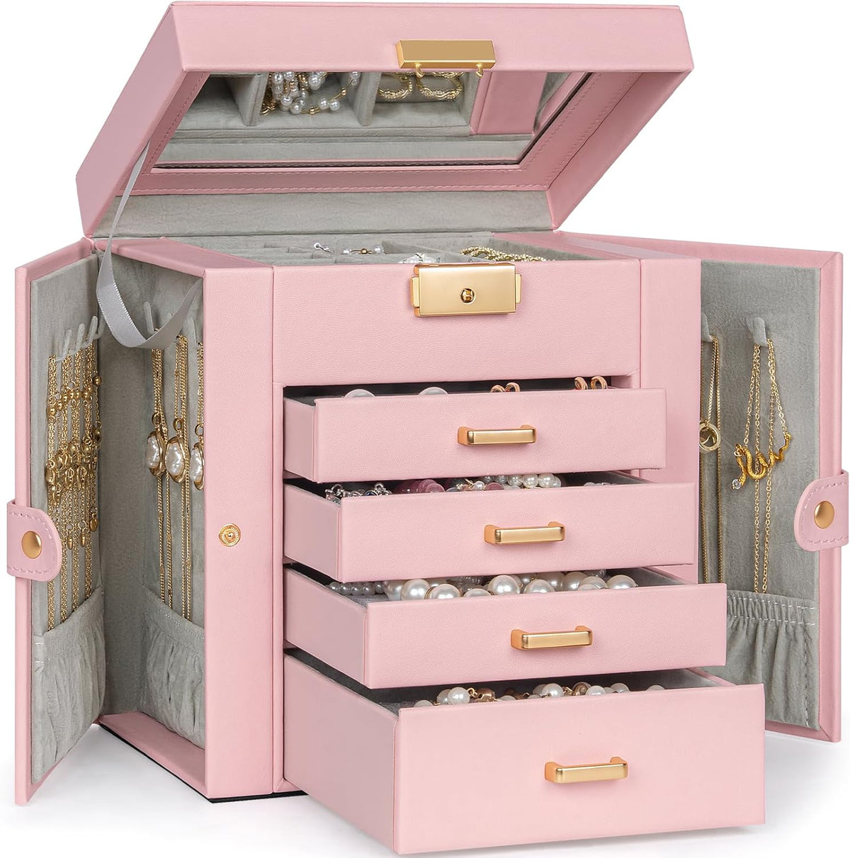 TORIBIO Jewelry Box for Women, Leather Jewelry Organizer with Mirror & Lock, 5-Tier Jewelry Storage Organizer with 4 Drawers for Girls/Women/Mothers, Necklace Earring Bracelets Holder Organizer
