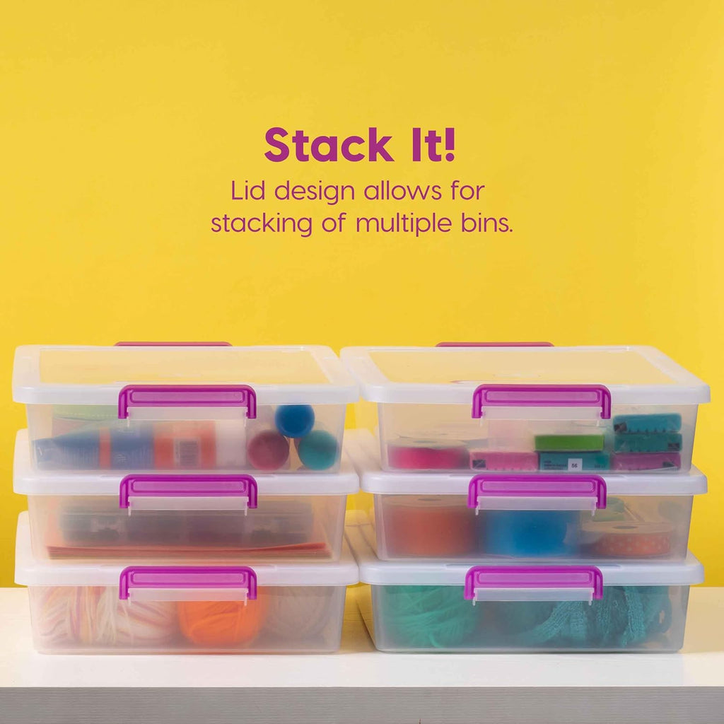 IRIS USA 6 Qt. Plastic Craft Storage Container Bins with Lids, 6 Pack, Small Art & Office Supply Organizer Tote, Sensory Bins & Boxes for Home & University, Stackable, Secure Latch Buckles, Clear