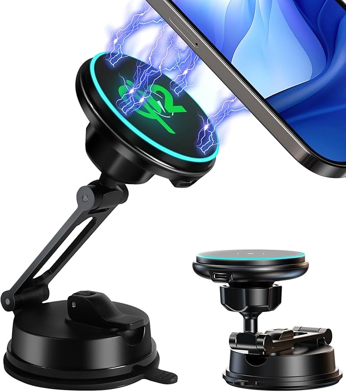 Certified Qi2 Car Phone Mount Charger for MagSafe, 360° Adjustable & Folding Arm, Universal Dashboard Windshield Mirror Screen Magnetic Holder for Tesla Model 3/Y Accessories & iPhone 17/16/15 Pro Max